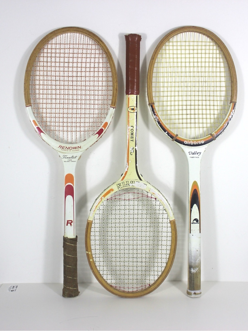 Curated Set of White Orange Brown Vintage Sport Tennis Rackets for Decorating